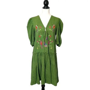 Anouk Grewal Green Parrot Embroidered Puff Sleeve Drop Waist Dress NEW Sz Small